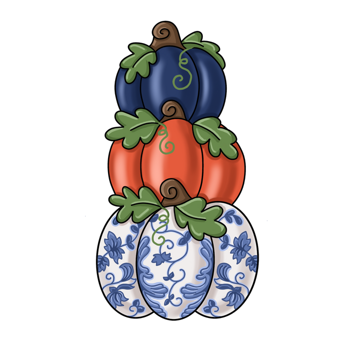 Stacked Pumpkins Navy Orange and Chinoiserie, PCD-W-211, 12in Sign For Wreath, Wood Wreath Sign