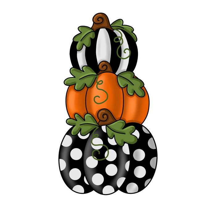 Stacked Pumpkins Black Stripe Orange and Polka Dot, PCD-W-212-DH, 22in Door Hanger, Wood Door Hanger
