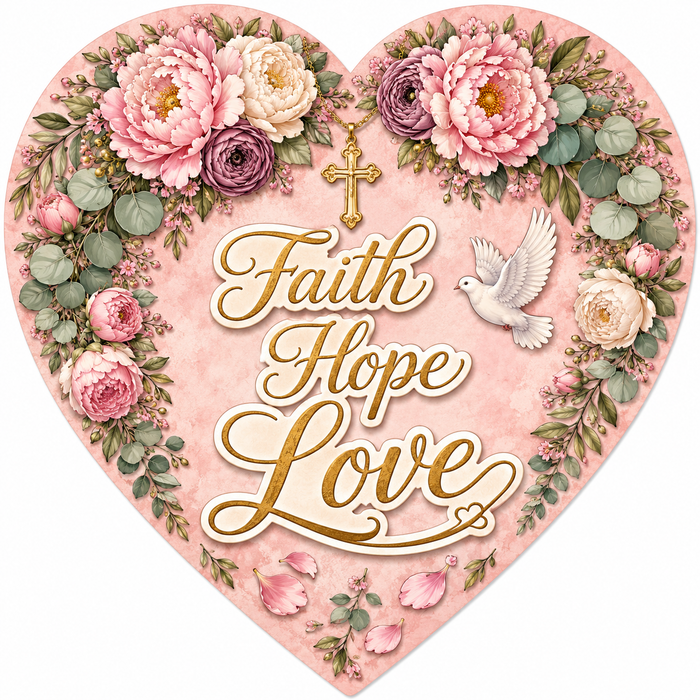Faith Hope Love Heart Sign, PS-W-0078, 12in Sign For Wreath, Wood Wreath Sign