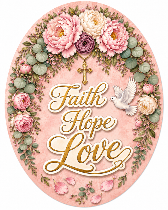 Faith Hope and Love Oval, PS-W-0081, 12in Sign For Wreath, Wood Wreath Sign