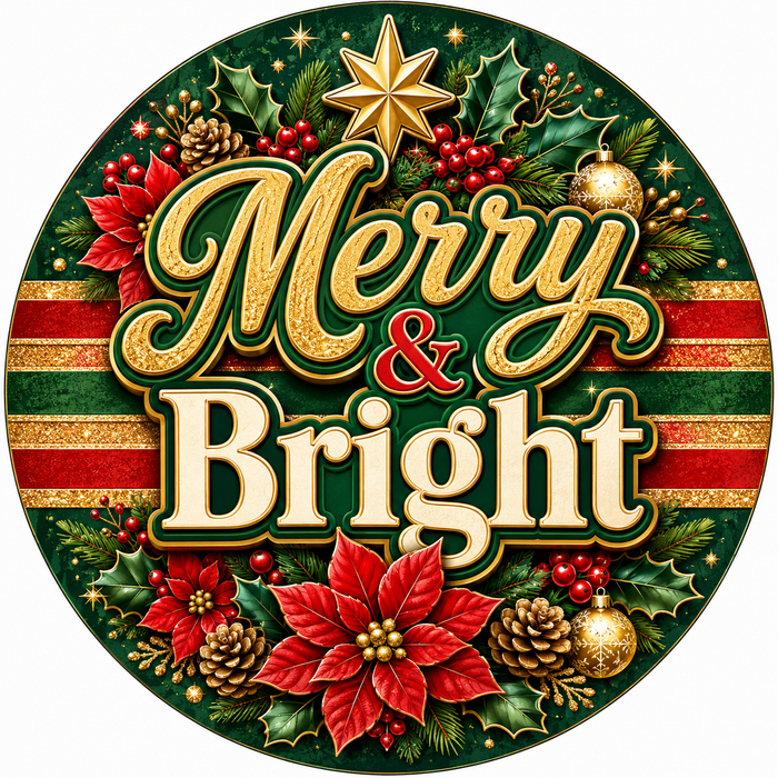 Merry and Bright Round, PS-W-0082, 12in Sign For Wreath, Wood Wreath Sign