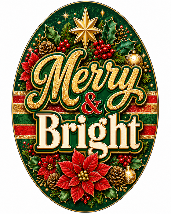 Merry and Bright Oval, PS-W-0083, 12in Sign For Wreath, Wood Wreath Sign