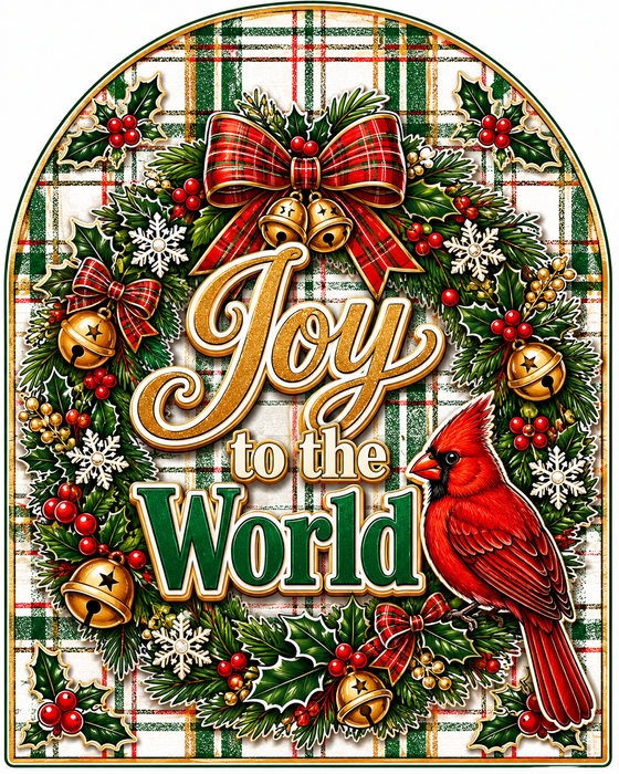 Joy to the World Arch with Cardinal, PS-W-0088, 12in Sign For Wreath, Wood Wreath Sign