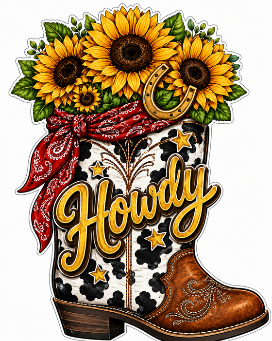 Howdy Sunflower Boot, PS-W-0089, 12in Sign For Wreath, Wood Wreath Sign