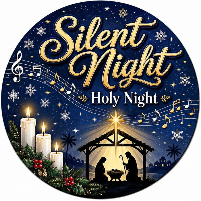 Silent Night Holy Night Round, PS-W-0095, 12in Sign For Wreath, Wood Wreath Sign