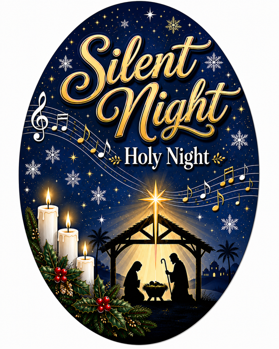 Silent Night Holy Night Oval, PS-W-0098, 12in Sign For Wreath, Wood Wreath Sign