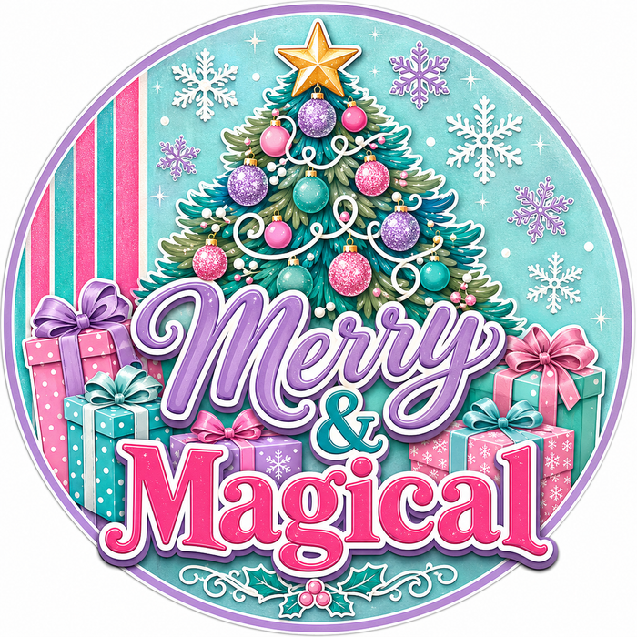 Merry and Magical Pastel Round, PS-W-0099, 12in Sign For Wreath, Wood Wreath Sign