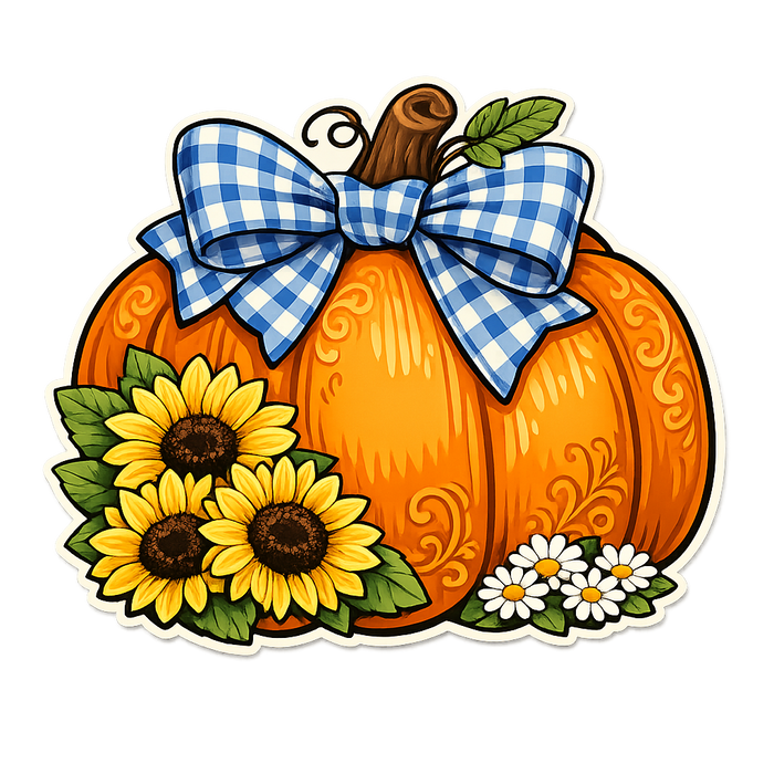 Blue Gingham Bow Pumpkin Sign, PS-W-0110, 12in Sign For Wreath, Wood Wreath Sign