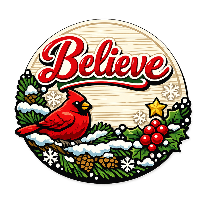 Believe Cardinal Christmas Sign, PS-W-0117, 12in Sign For Wreath, Wood Wreath Sign
