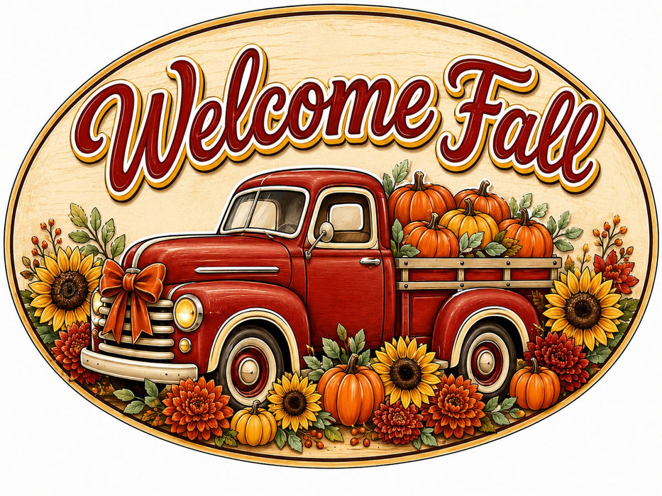 Welcome Fall Red Truck Oval - PS-W-0237