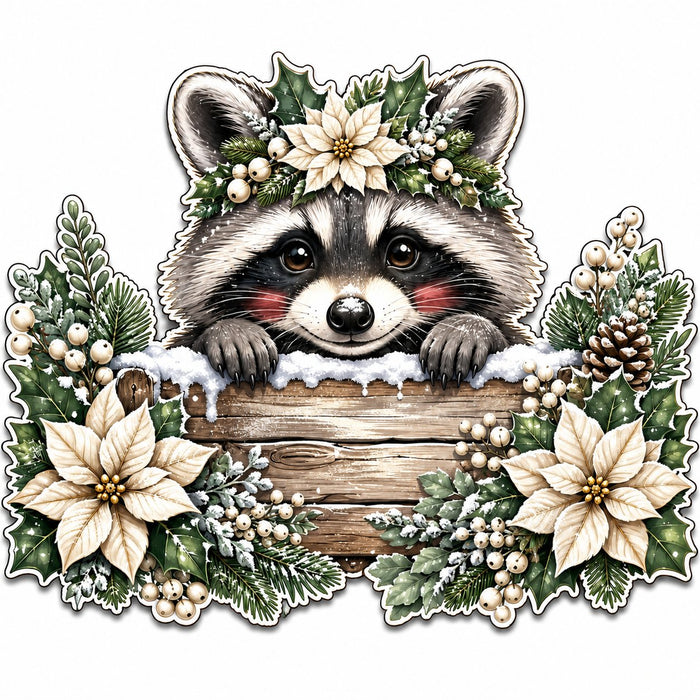Christmas Raccoon Poinsettia Peeker Door Hanger - PS-W-0360-DH-22