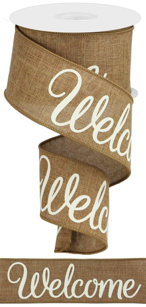 2.5"X10Yd Welcome On Royal Tan/Cream RGA11242J - DecoExchange
