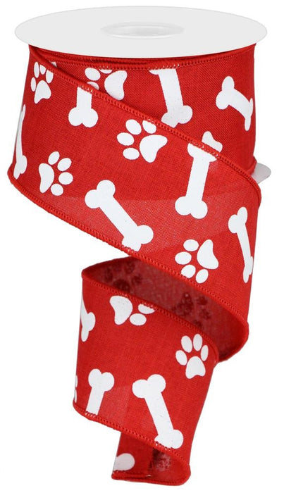 2.5"X10Yd Paw Print/Bones On Royal Red/White RGA115424