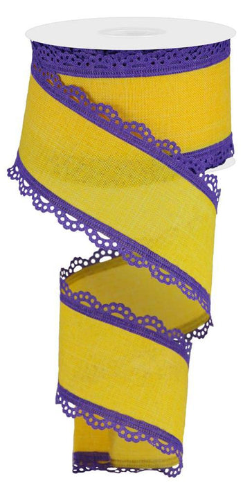 2.5"x10Yd Lace Edge Royal Burlap Ribbon - New Purple/Sun Yellow - RGA1542CN - DecoExchangeÂ®