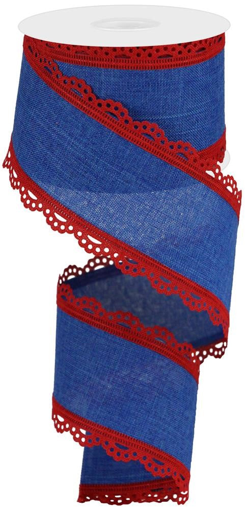 2.5"x10Yd Lace Edge Royal Burlap Ribbon - Red/Royal Blue - RGA1542T2 - DecoExchangeÂ®