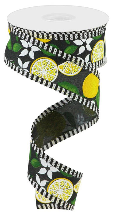 1.5"X10Yd Lemon W/Leaves/Flowers/Stripe Black/Yllw/Grn RGA821402