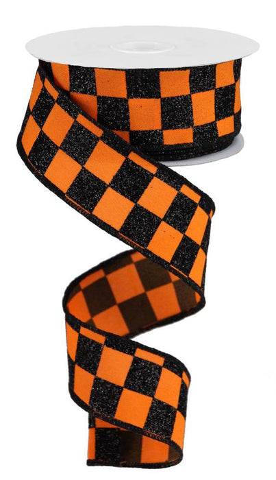 1.5"X10Yd Glitter Check Orange/Black RGB122920