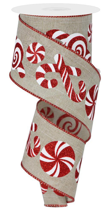 2.5 inch x 10yd Candy Cane Peppermint Royal Ribbon Buff White Red RGE147172
