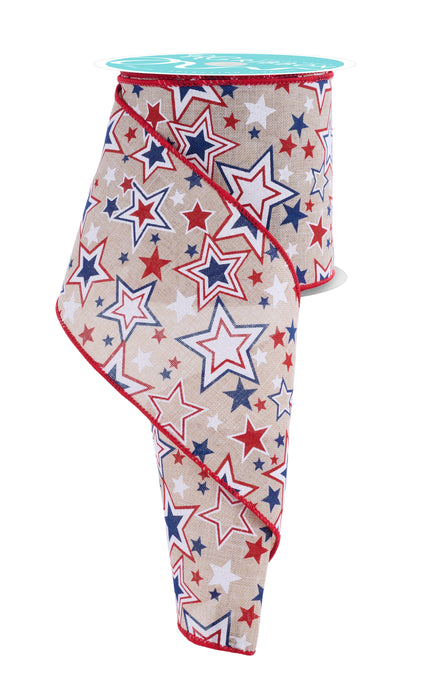 4"X10Yd Printed Stars W/Glitter Lt Natural/Red/White/Blue RGF158418 - DecoExchange®