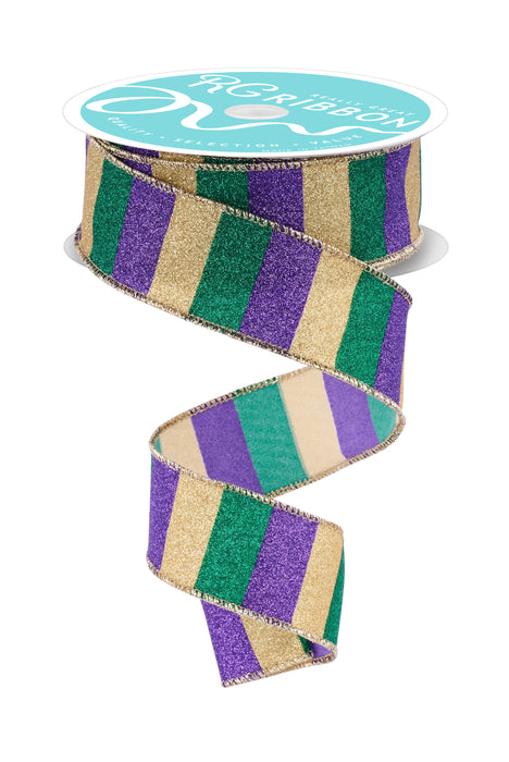 1.5"X10Yd Horizontal Glitter Stripes Mardi Gras RGF1618WY - DecoExchange®