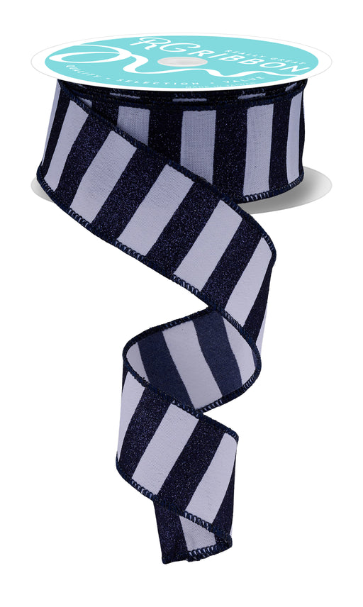 1.5 inch x 10yd Horizontal Glitter Stripes Ribbon White Navy RGF1966N9