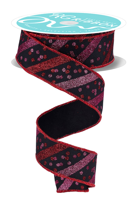 1.5"X10Yd Glitter Stripe W/Confetti Dots Black/Red/Light Pink/Hot Pink RGF1992CM - DecoExchange®
