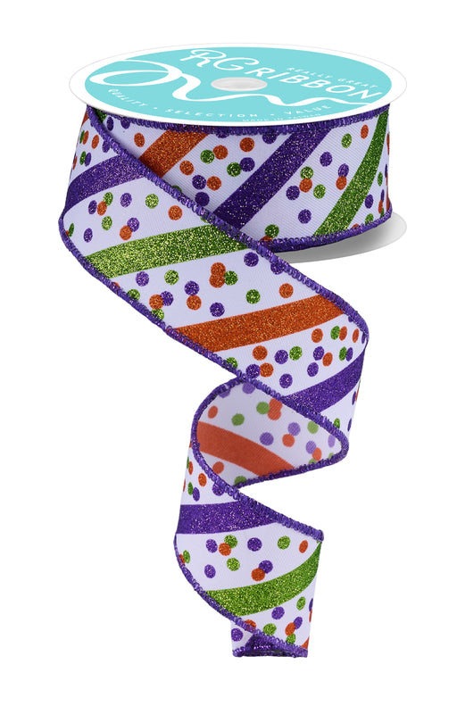 1.5"X10Yd Glitter Stripe W/Confetti Dots White/Purple/Lime/Orange RGF1992ES