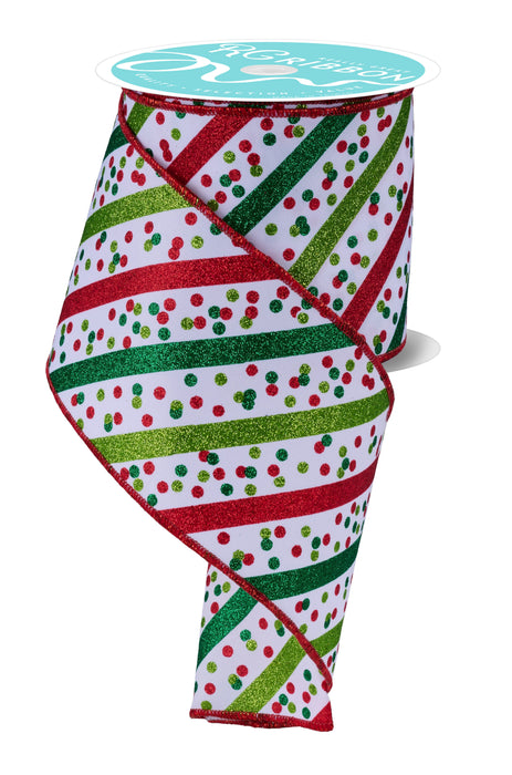 4"X10Yd Glitter Stripe W/Confetti Dots White/Red/Lime/Emerald RGF199456