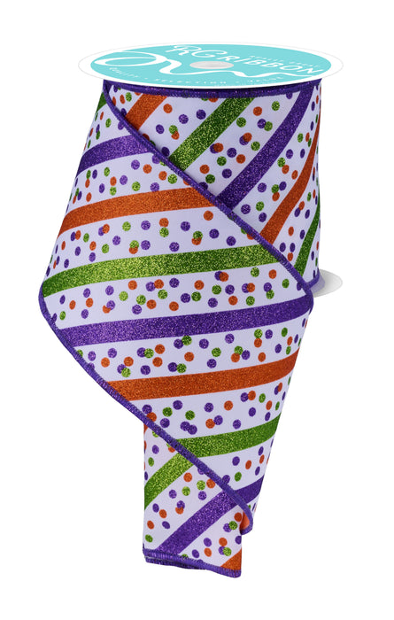 4"X10Yd Glitter Stripe W/Confetti Dots White/Purple/Lime/Orange RGF1994ES