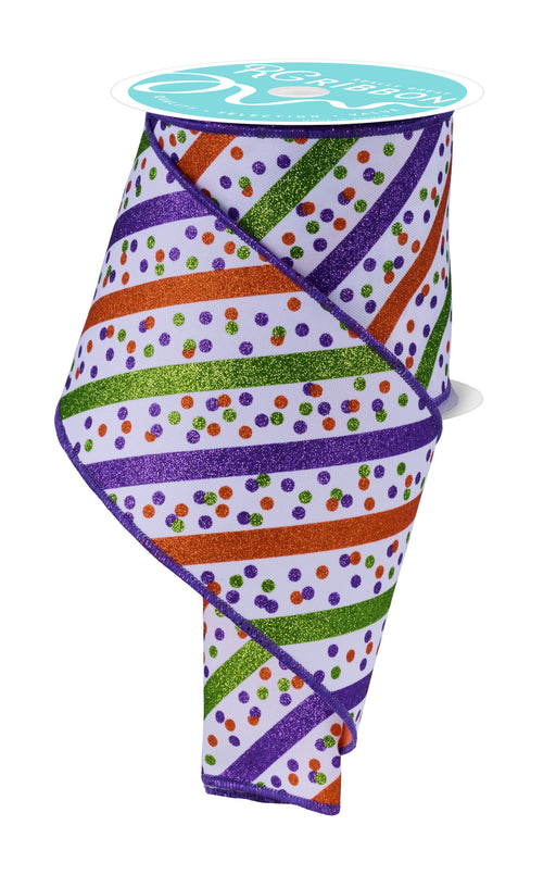 4"X10Yd Glitter Stripe W/Confetti Dots White/Purple/Lime/Orange RGF1994ES