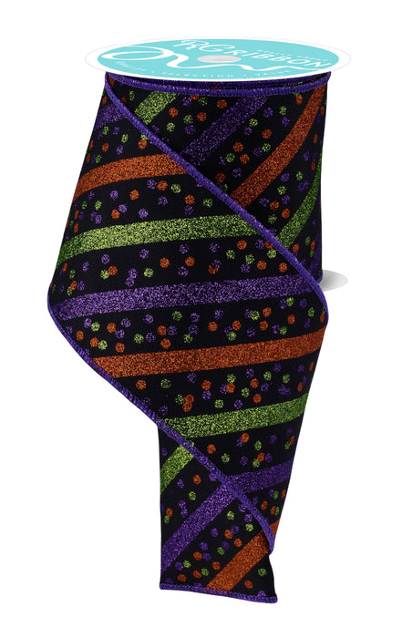 4"X10Yd Glitter Stripe W/Confetti Dots Black/Purple/Lime/Orange RGF1994YR