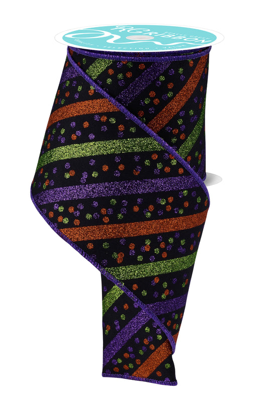 4"X10Yd Glitter Stripe W/Confetti Dots Black/Purple/Lime/Orange RGF1994YR