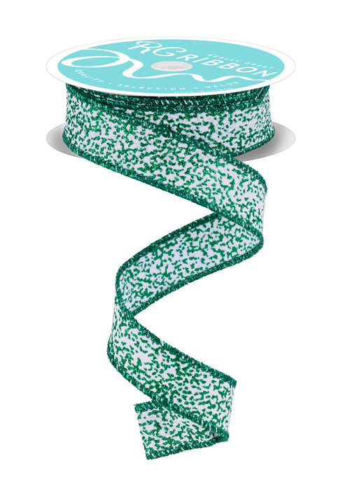 7/8 inch x 10yd Snow Glitter Ribbon White Emerald Green RGF781306