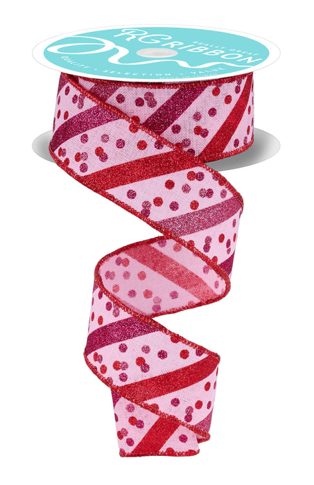 1.5"X10Yd Glitter Stripe W/Confetti Dots Lt Pink/Red/Hot Pink RGH100015 - DecoExchange®