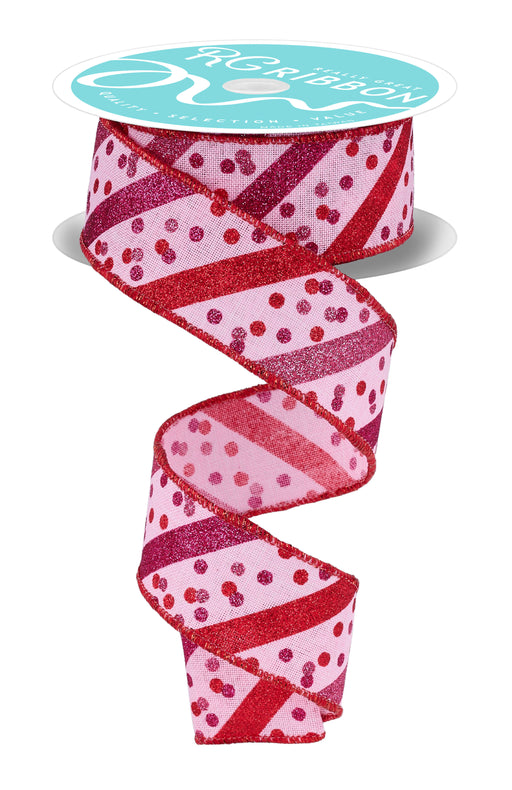 1.5"X10Yd Glitter Stripe W/Confetti Dots Lt Pink/Red/Hot Pink RGH100015 - DecoExchange®
