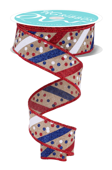 1.5"X10Yd Glitter Stripe W/Confetti Dots Lt Beige/Red/Ryl Blue/Wht RGH100301 - DecoExchange®