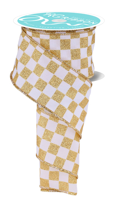 2.5"X10Yd Print Glitter Check White/Gold RGH1060C6