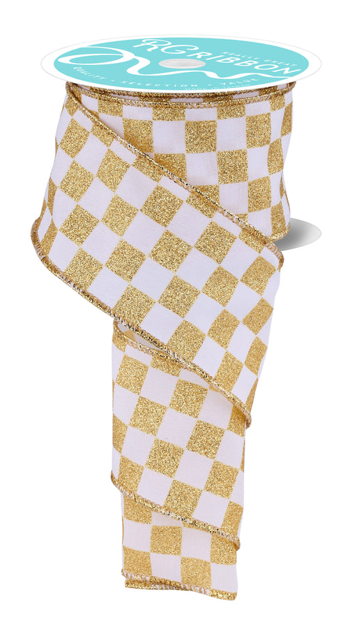 2.5"X10Yd Print Glitter Check White/Gold RGH1060C6