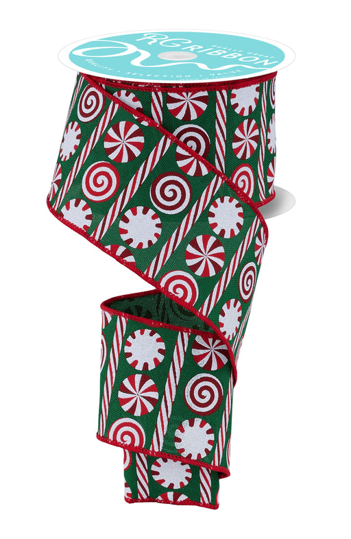 2.5"X10Yd Peppermint Stripes Emerald/White/Red RGH135806 - DecoExchange®