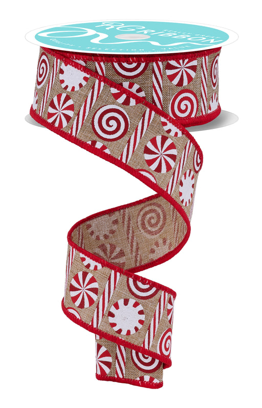1.5"X10Yd Peppermint Stripes Lt Beige/Red/White RGH135954 - DecoExchange®