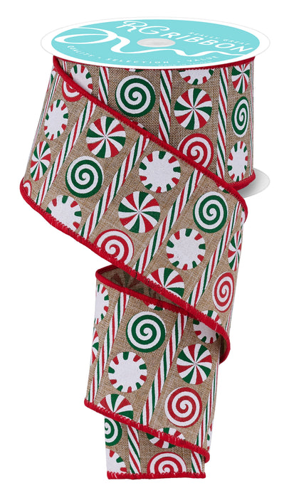 2.5"X10Yd Peppermint Stripes Lt Beige/Red/Emerald RGH13601C - DecoExchange®