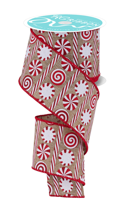 2.5"X10Yd Peppermint Stripes Lt Beige/Red/White RGH136054 - DecoExchange®