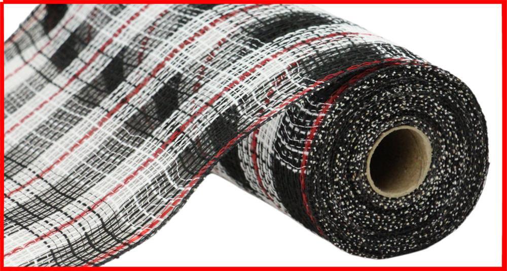 10.25"X10Yd Faux Jute/Check/Foil Mesh Black/White/Red RY8021N6