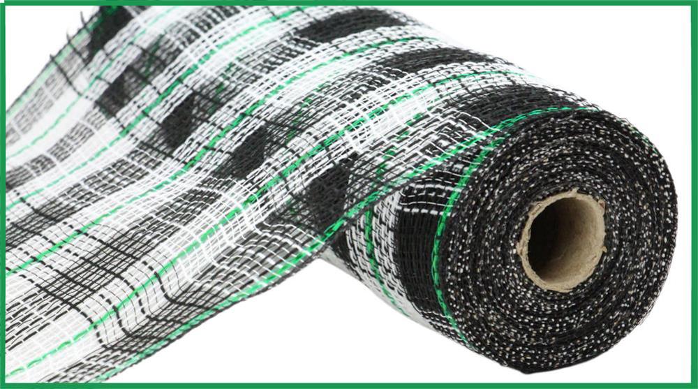10.25"X10Yd Faux Jute/Check/Foil Mesh Black/White/Emerald RY8022T5