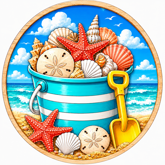 Round Seashell and Beach, PS-W-0040, 12in Sign For Wreath, Wood Wreath Sign