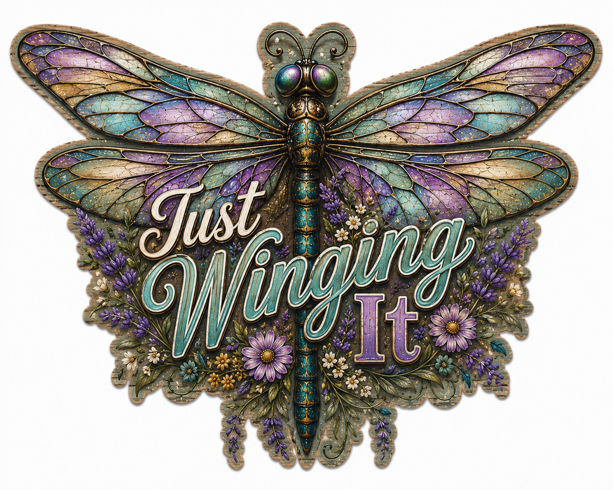 Stained Glass Dragonfly - Just Winging It, PS-W-0021, 12in Sign For Wreath, Wood Wreath Sign