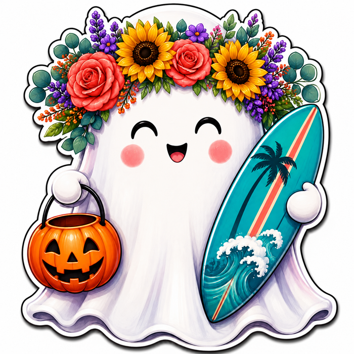 Summerween Ghost with Surfboard, SCW-W-0002, 12in Sign For Wreath, Wood Wreath Sign