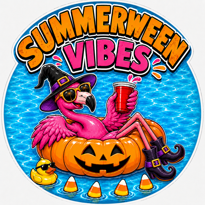 Summerween Vibes Flamingo Round, SCW-W-0018, 10in Sign For Wreath, Wood Wreath Sign