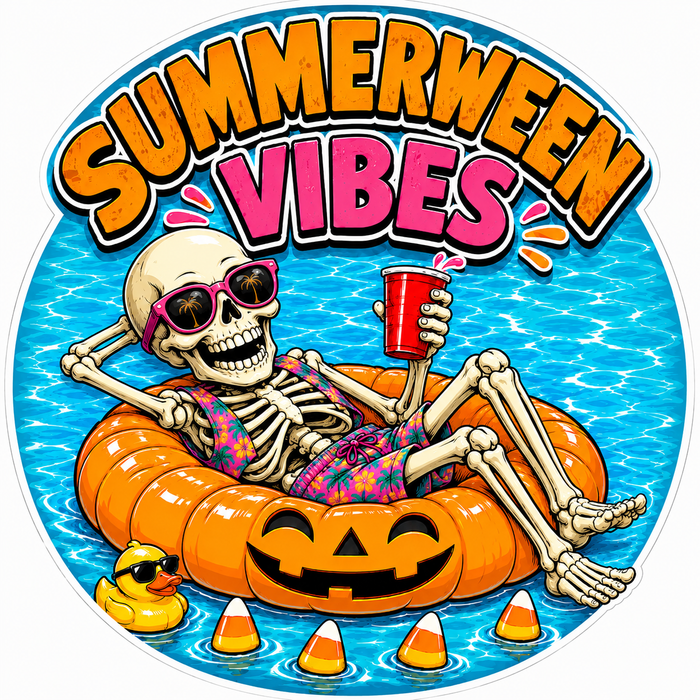 Summerween Vibes Skeleton Round, SCW-W-0016, 10in Sign For Wreath, Wood Wreath Sign