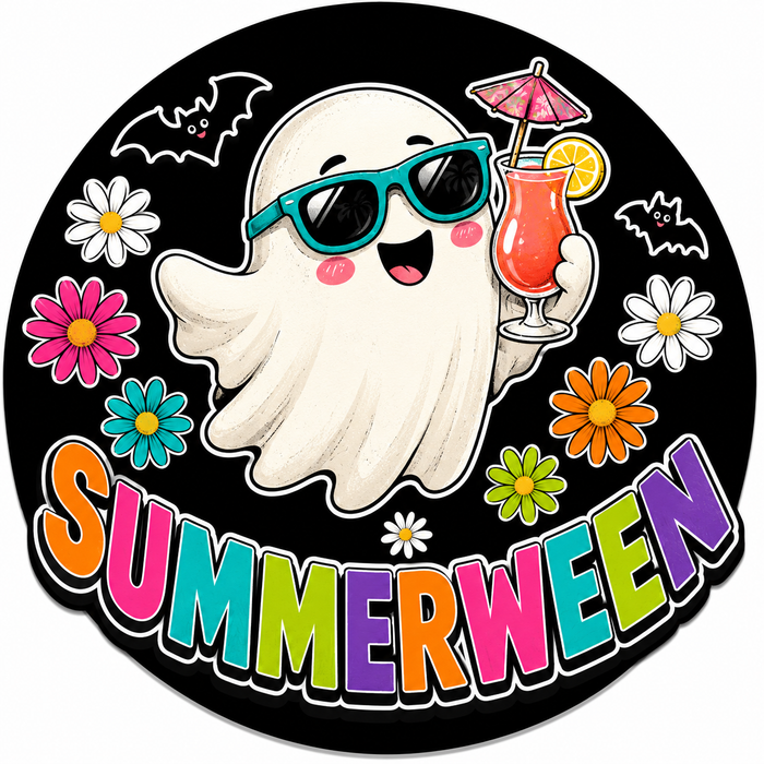 Summerween Tropical Ghost Round, SCW-W-0010, 10in Sign For Wreath, Wood Wreath Sign